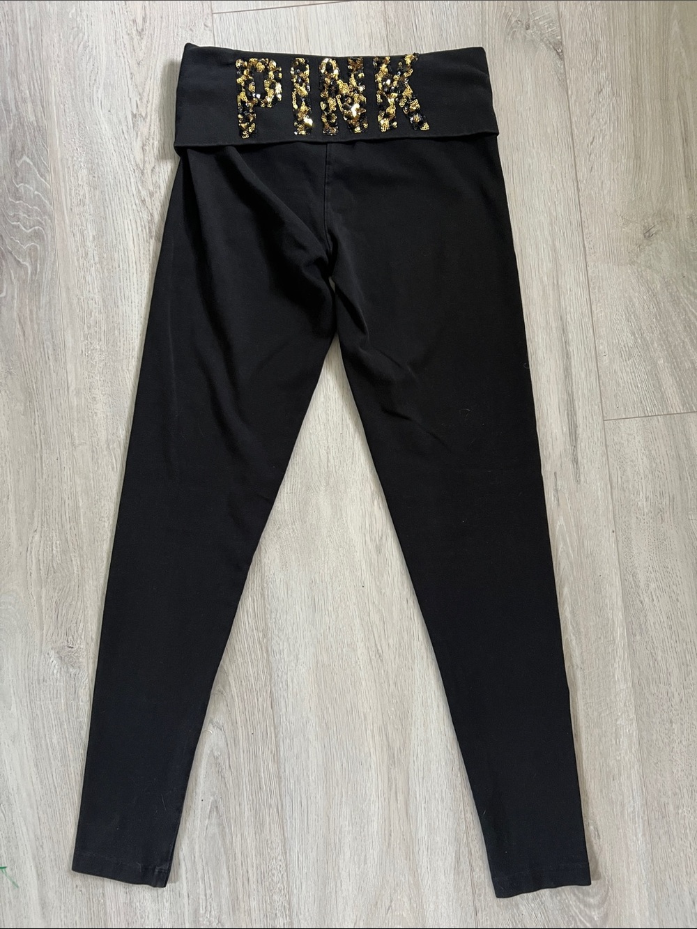 PINK Y2K Fold-Over Low Rise Black Leggings Gold Sequin Waistband Size XS